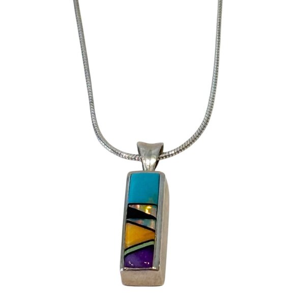 Sterling Silver Multi Gemstone Stone Pendant Necklace Rectangle 20" - Picture 1 of 6
